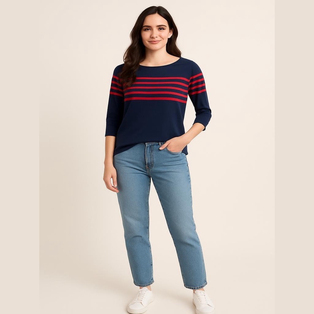 Belle by Kim Gravel TripleLuxe Knit Striped 3/4 Sleeve Shirt Twilight
Red XS NEW